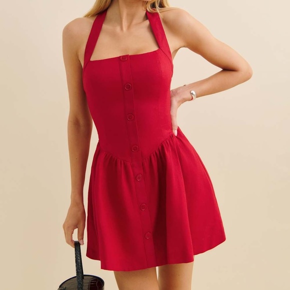 Reformation Mariela Linen Mini Dress Lipstick Red 12 NWT - Picture 1 of 13
